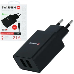 SWISSTEN Czarna Ładowarka sieciowa 2xUSB 2,1A + kabel USB-C