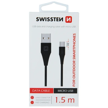 SWISSTEN Czarny Kabel USB - micro USB 1,5m 2,4A 9mm