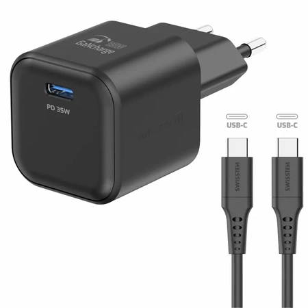 SWISSTEN Czarna Ładowarka sieciowa USB-C 35W + kabel USB-C/USB-C