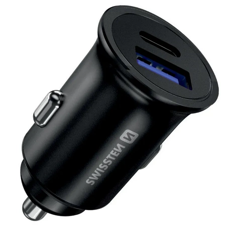 SWISSTEN Czarna Ładowarka samochodowa 1xUSB 1xUSB-C 36W