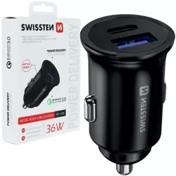 SWISSTEN Czarna Ładowarka samochodowa 1xUSB 1xUSB-C 36W