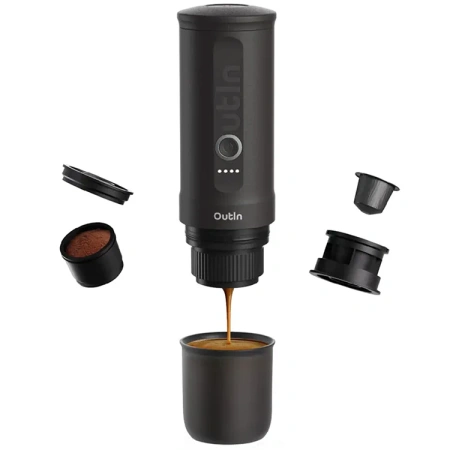 Outin przenośny ciśnieniowy 20 Bar ekspres z walizką - do kawy mielonej i na kapsułki - Nano szary