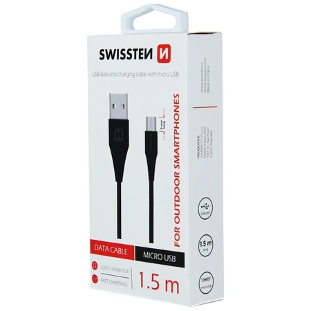 SWISSTEN Czarny Kabel USB - micro USB 1,5m 2,4A 9mm