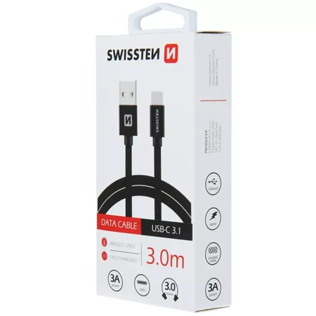 SWISSTEN Czarny Kabel USB - USB-C 3m 3A