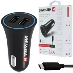 SWISSTEN Ładowarka samochodowa 2xUSB 2,4A + kabel USB-C