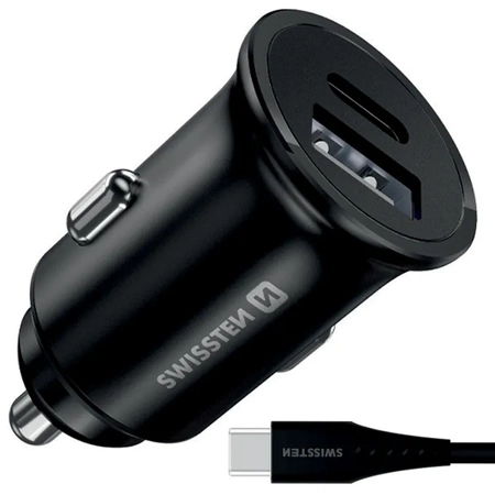 SWISSTEN Czarna Ładowarka samochodowa 1xUSB 1xUSB-C 3A + kabel USB-C