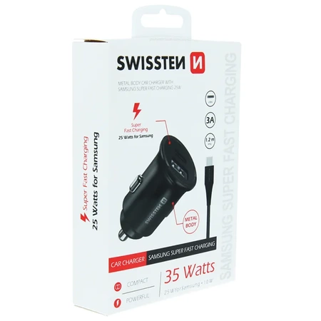 SWISSTEN Czarna Ładowarka samochodowa 1xUSB 1xUSB-C 3A + kabel USB-C