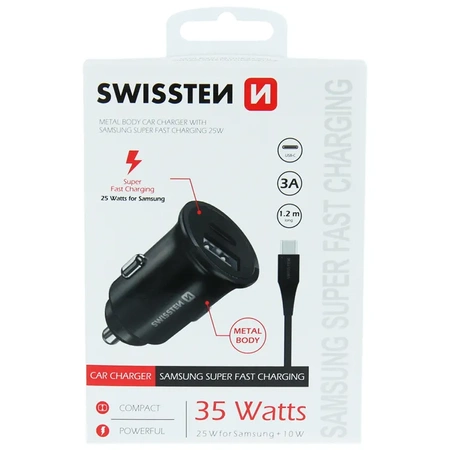 SWISSTEN Czarna Ładowarka samochodowa 1xUSB 1xUSB-C 3A + kabel USB-C