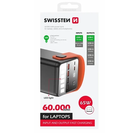 SWISSTEN POWERBANK 65W PD 60000 mAh POWER LINE z latarką LED