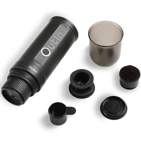 Outin przenośny ciśnieniowy 20 Bar ekspres z walizką - do kawy mielonej i na kapsułki - Nano szary