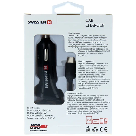 SWISSTEN Ładowarka samochodowa USB z kablem USB-C 2,4A