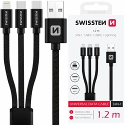 SWISSTEN Czarny Kabel  do ładowania 3w1 2xUSB-C Lightning 1,2m