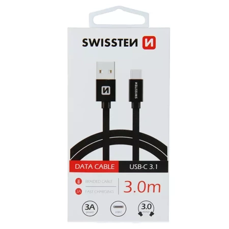 SWISSTEN Czarny Kabel USB - USB-C 3m 3A