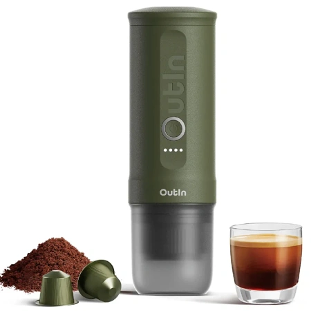 Outin przenośny ciśnieniowy 20 Bar ekspres z walizką - do kawy mielonej i na kapsułki - Nano zielony