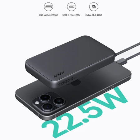 Aukey Powerbank 10000 mAh o mocy 22.5W z wbudowanym kablem USB-C PB-Y53GY Spark Sling 10000 Lite Plus