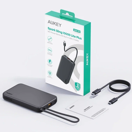 Aukey Powerbank 10000 mAh o mocy 22.5W z wbudowanym kablem USB-C PB-Y53GY Spark Sling 10000 Lite Plus