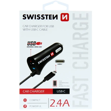 SWISSTEN Ładowarka samochodowa USB z kablem USB-C 2,4A