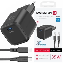 SWISSTEN Czarna Ładowarka sieciowa USB-C 35W + kabel USB-C/USB-C