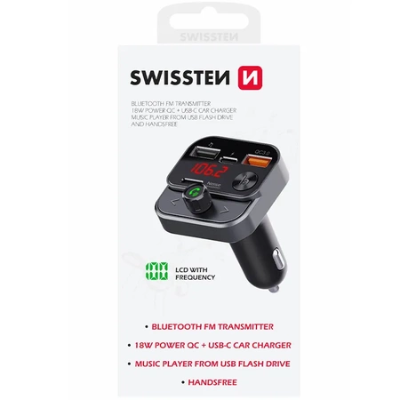 SWISSTEN Samochodowy transmiter FM Bluetooth USB-A z szybką ładowarką