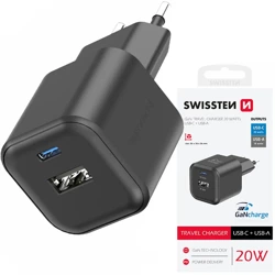 SWISSTEN Czarna Ładowarka sieciowa 20W QC USB-A PD USB-C