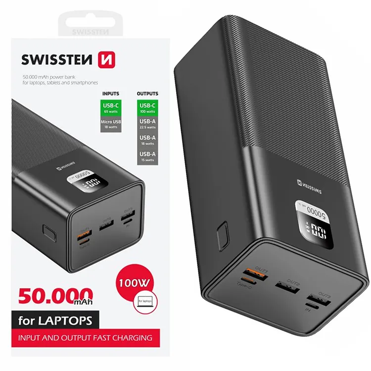 Zdroj záložní PowerBank 50000mAh SWISSTEN Laptop 100W QC 3.0, PD 3.0,  Li-pol, 3xUSB, USB-C, microUSB