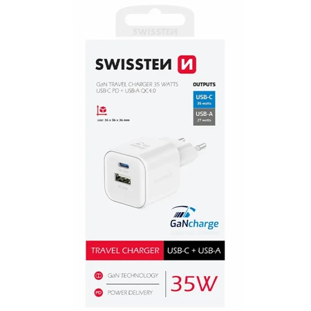 SWISSTEN Biała Ładowarka sieciowa QC USB-A 27 W USB-C PD 35 W