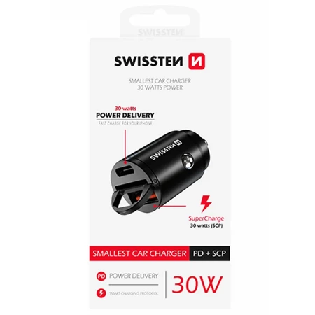 SWISSTEN Czarna Ładowarka samochodowa 1xUSB 1xUSB-C 30W