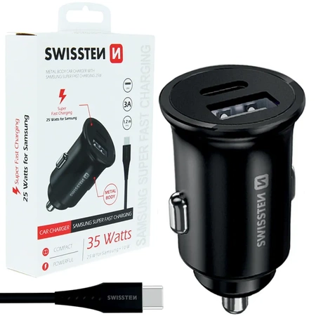 SWISSTEN Czarna Ładowarka samochodowa 1xUSB 1xUSB-C 3A + kabel USB-C