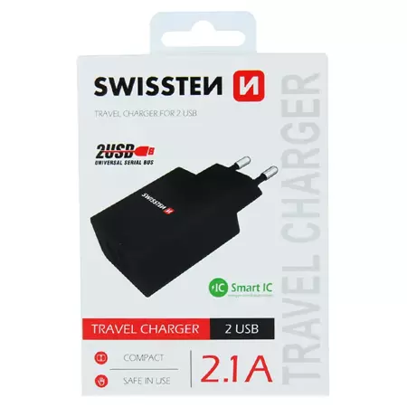 SWISSTEN Czarna Ładowarka sieciowa 2xUSB 2,1A