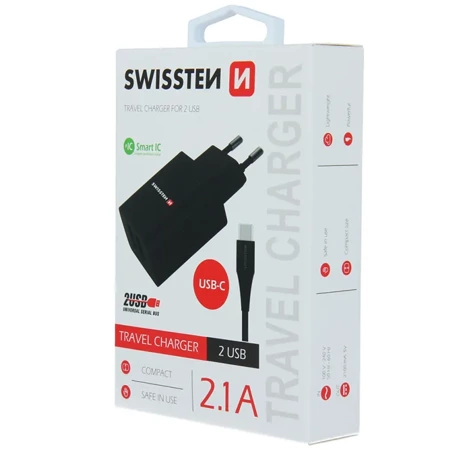 SWISSTEN Czarna Ładowarka sieciowa 2xUSB 2,1A + kabel USB-C