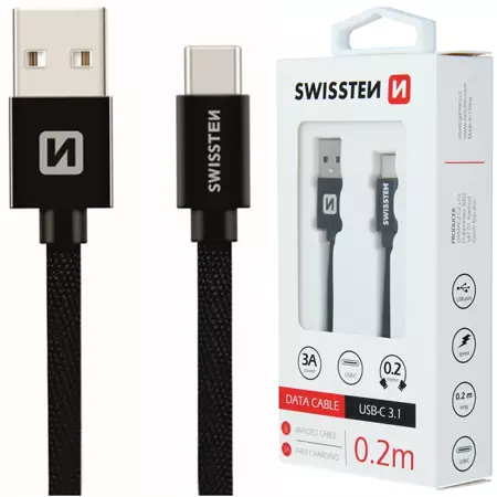 SWISSTEN Czarny Kabel USB - USB-C 0,2m 3A
