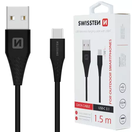 SWISSTEN Czarny Kabel USB - USB-C 1,5m 2,4A 9mm