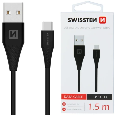 SWISSTEN Czarny Kabel USB - USB-C 1,5m 7mm