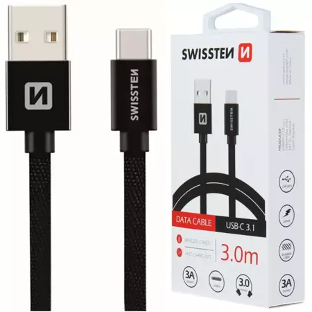 SWISSTEN Czarny Kabel USB - USB-C 3m 3A