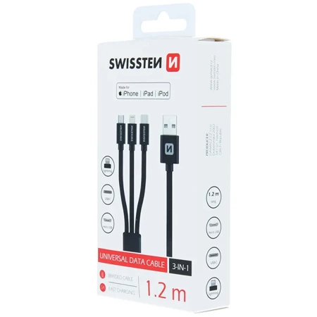 SWISSTEN Czarny Kabel  do ładowania 3w1 USB-C microUSB Lightning 1,2m