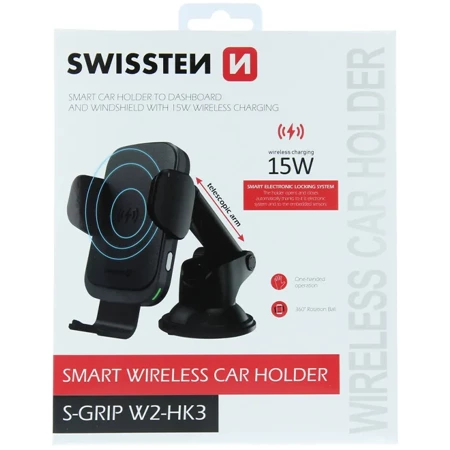 SWISSTEN Czarny Samochodowy Uchwyt z ładowaniem bezprzewodowym 15W S-GRIP W2-HK3