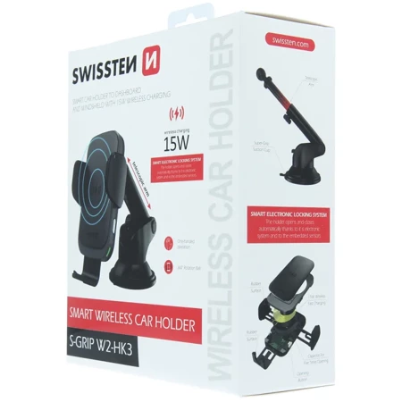 SWISSTEN Czarny Samochodowy Uchwyt z ładowaniem bezprzewodowym 15W S-GRIP W2-HK3