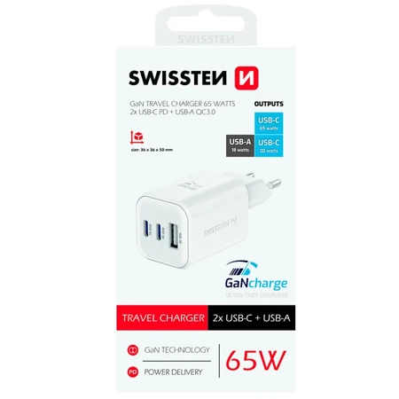 SWISSTEN Ładowarka sieciowa 2xUSB-C 1xUSB-A 65W GaN Charge