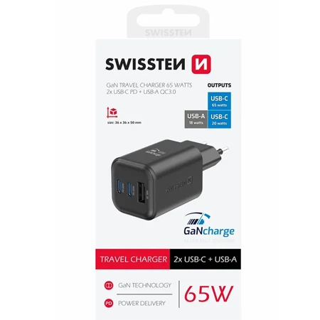 SWISSTEN Ładowarka sieciowa 2xUSB-C 1xUSB-A 65W GaN Charge